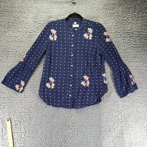 Loft Top Womens Medium Navy Blue Embroidered Floral Softened Button Blouse - Picture 1 of 10
